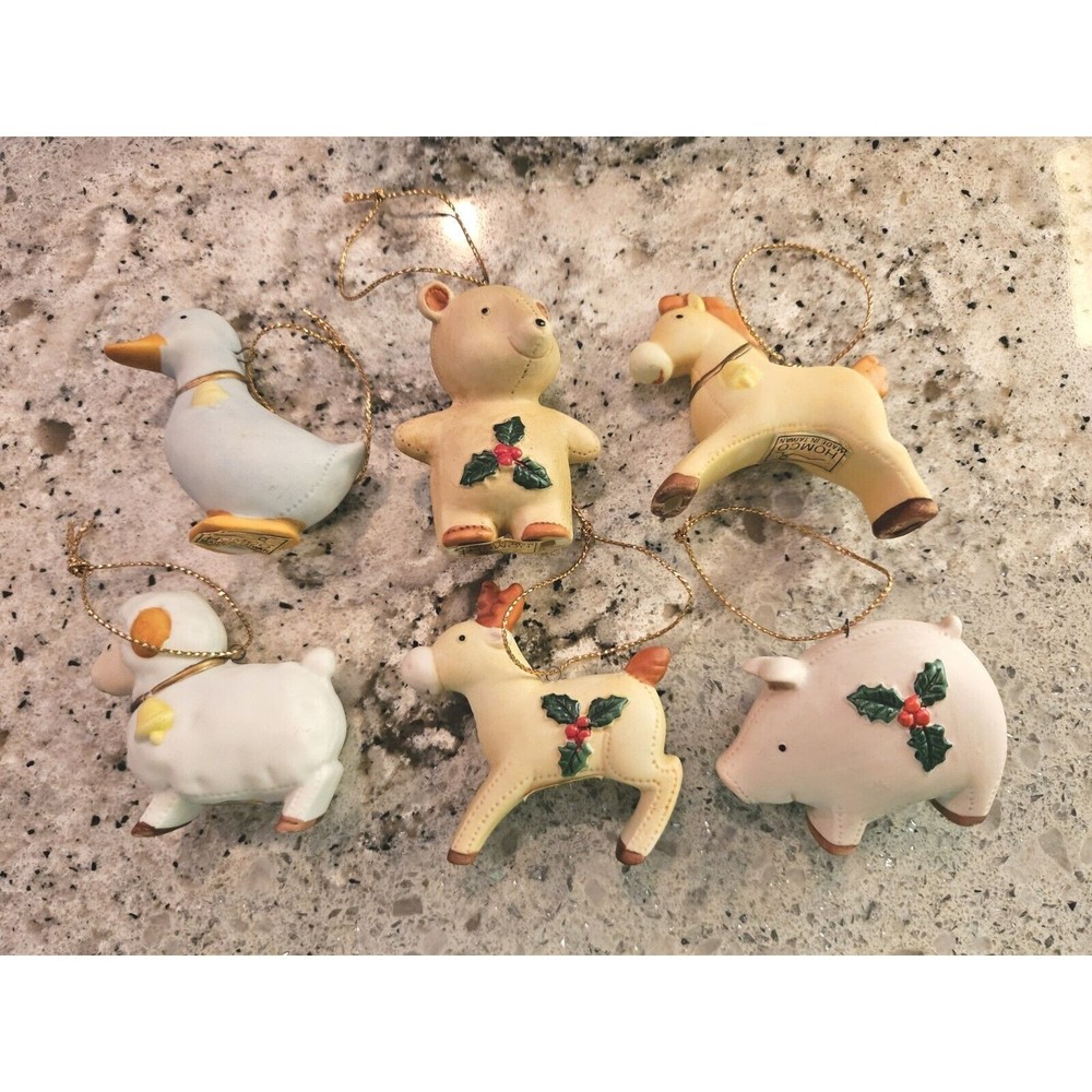 Vintage Homco Christmas 6 Animal Ornaments Bear Goose Lamb Horse Pig Reindeer